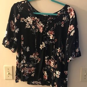 Black floral top with lace up front
